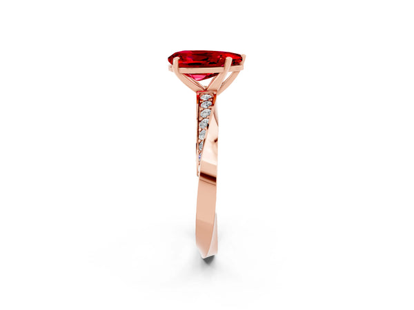 Rose gold Pear Cut Ruby Engagement Ring with Side Stone Accents and Four-Prong Setting