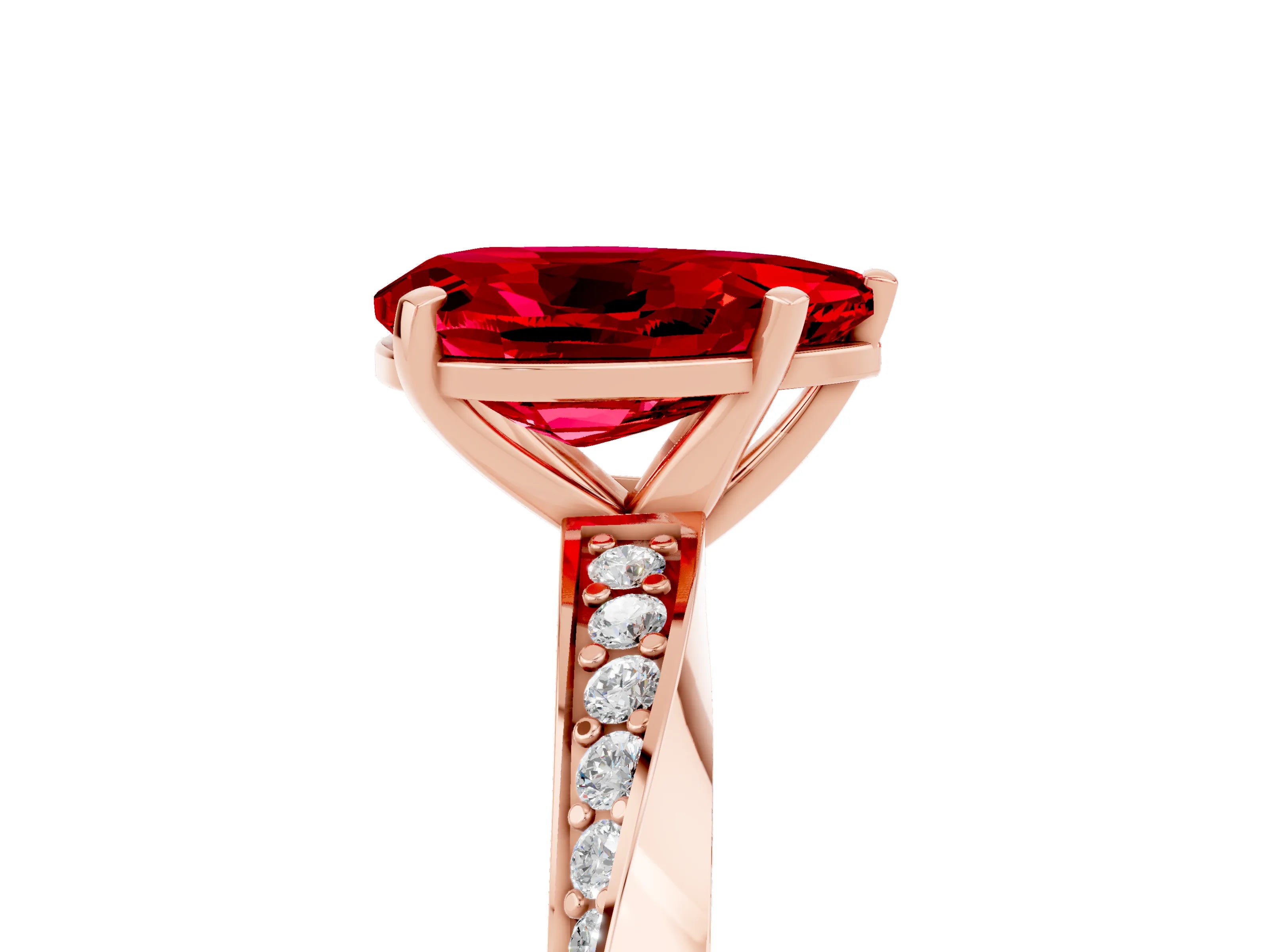 Rose gold Pear Cut Ruby Engagement Ring with Side Stone Accents and Four-Prong Setting_32