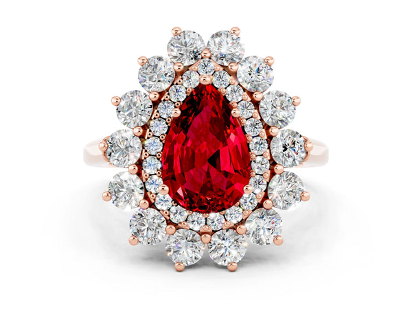 Rose Gold Pear-Shaped Lab-Grown Ruby Floral Double Halo Engagement Ring with Plain Band