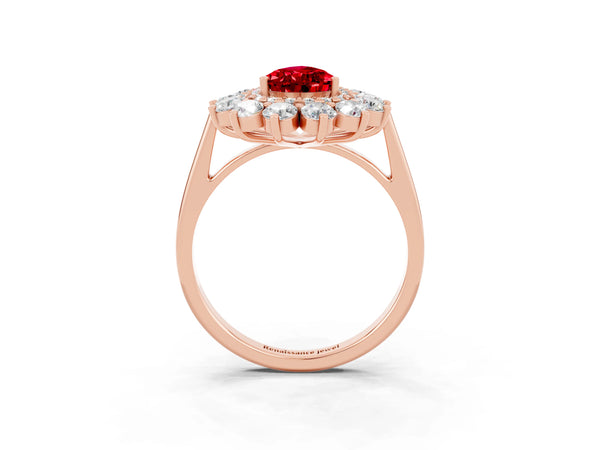 Rose Gold Pear-Shaped Lab-Grown Ruby Floral Double Halo Engagement Ring with Plain Band