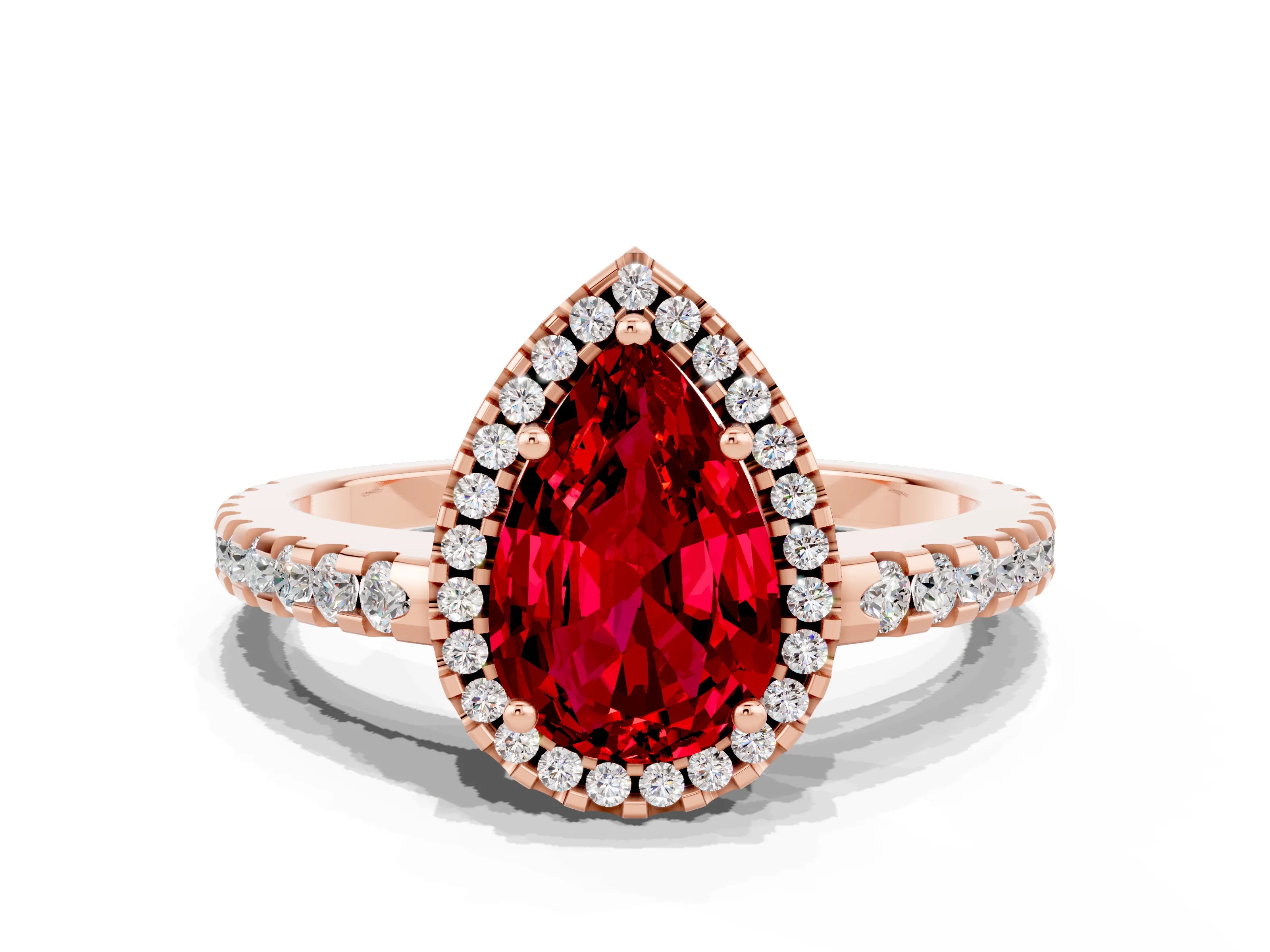 Rose gold Pear Cut Ruby Halo Engagement Ring with Pavé Band and Prong Setting_12