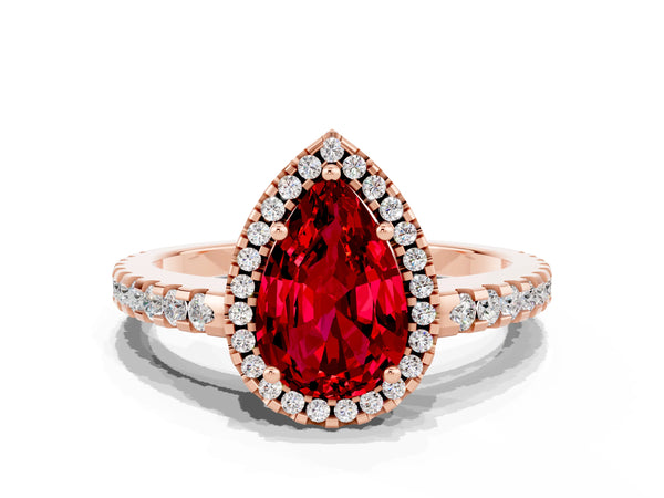 Rose gold Pear Cut Ruby Halo Engagement Ring with Pavé Band and Prong Setting