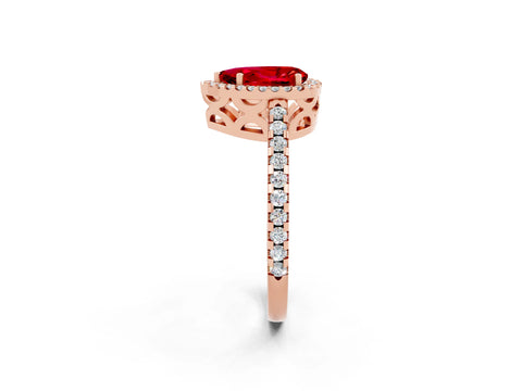 Rose gold Pear Cut Ruby Halo Engagement Ring with Pavé Band and Prong Setting_14