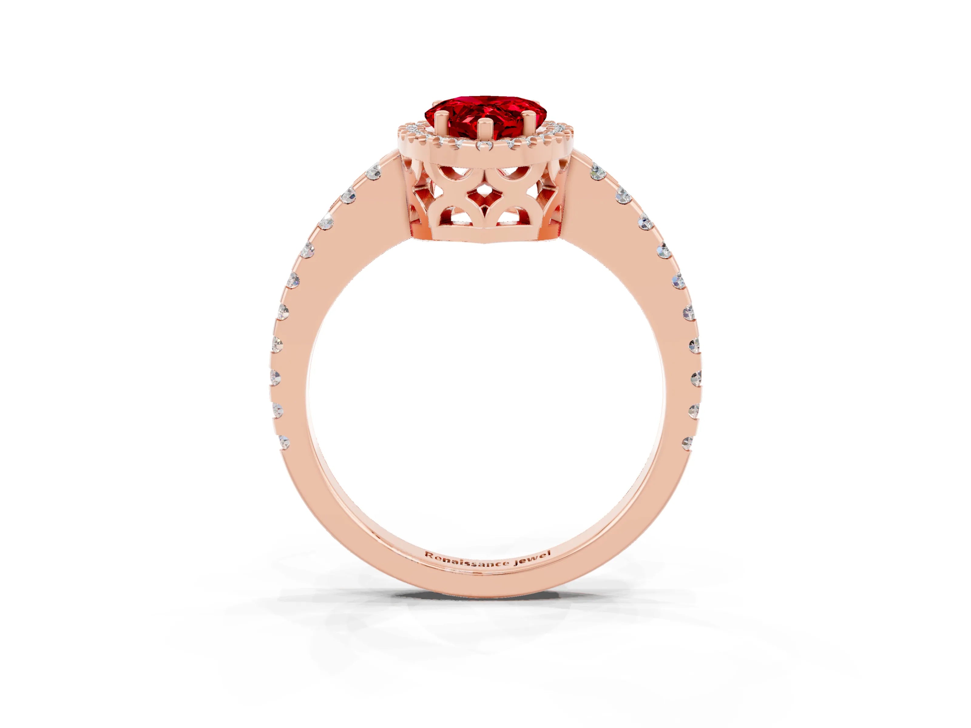 Rose gold Pear Cut Ruby Halo Engagement Ring with Pavé Band and Prong Setting_15