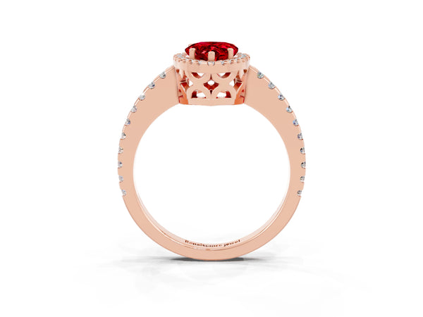 Rose gold Pear Cut Ruby Halo Engagement Ring with Pavé Band and Prong Setting
