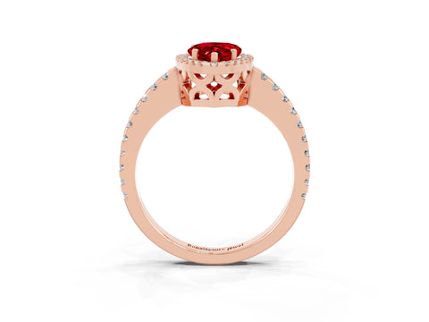 Rose gold Pear Cut Ruby Halo Engagement Ring with Pavé Band and Prong Setting_15