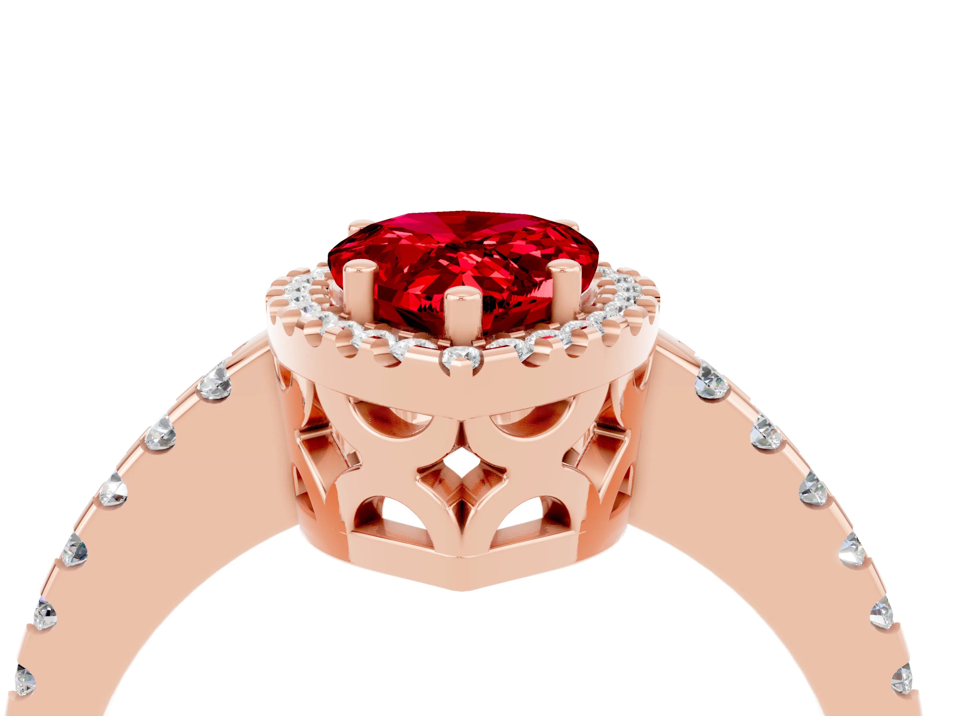 Rose gold Pear Cut Ruby Halo Engagement Ring with Pavé Band and Prong Setting_16