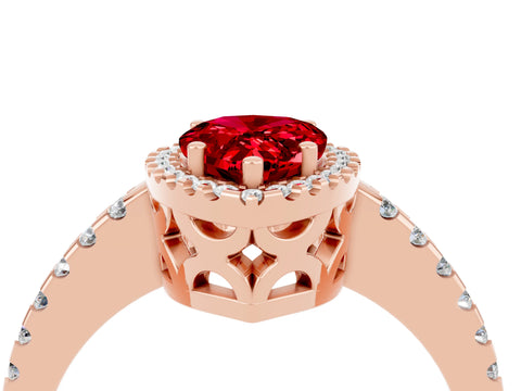 Rose gold Pear Cut Ruby Halo Engagement Ring with Pavé Band and Prong Setting_16