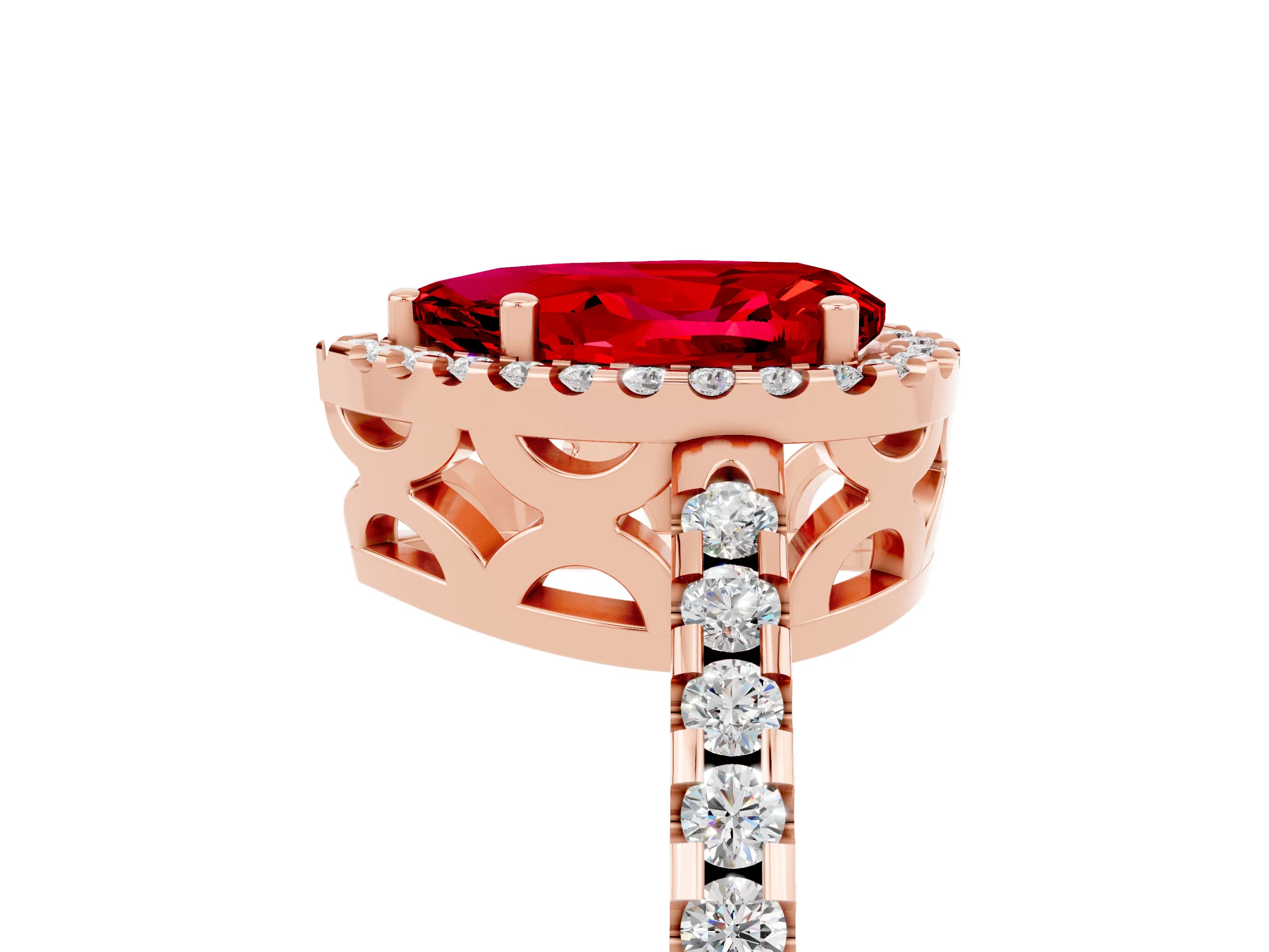 Rose gold Pear Cut Ruby Halo Engagement Ring with Pavé Band and Prong Setting_17