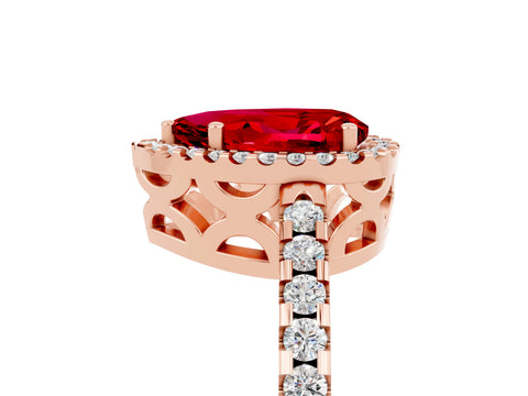 Rose gold Pear Cut Ruby Halo Engagement Ring with Pavé Band and Prong Setting_17