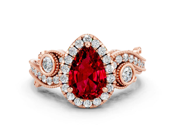Rose gold Pear Cut Ruby Halo Ring with Milgrain Pavé Band and Four-Prong Setting