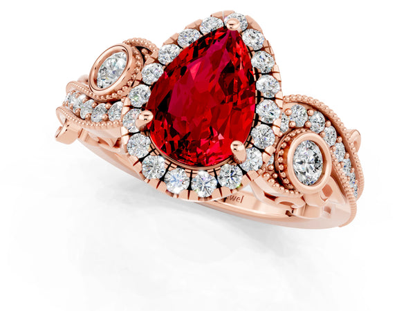 Rose gold Pear Cut Ruby Halo Ring with Milgrain Pavé Band and Four-Prong Setting