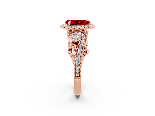 Rose gold Pear Cut Ruby Halo Ring with Milgrain Pavé Band and Four-Prong Setting