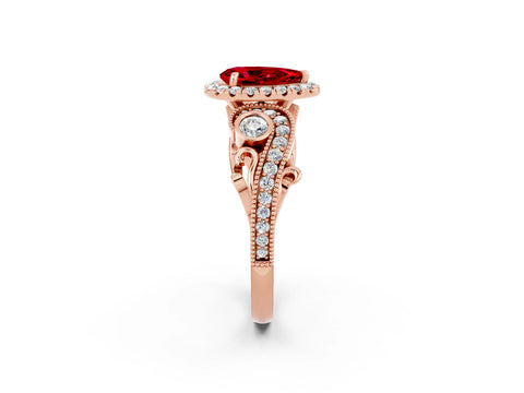 Rose gold Pear Cut Ruby Halo Ring with Milgrain Pavé Band and Four-Prong Setting_14