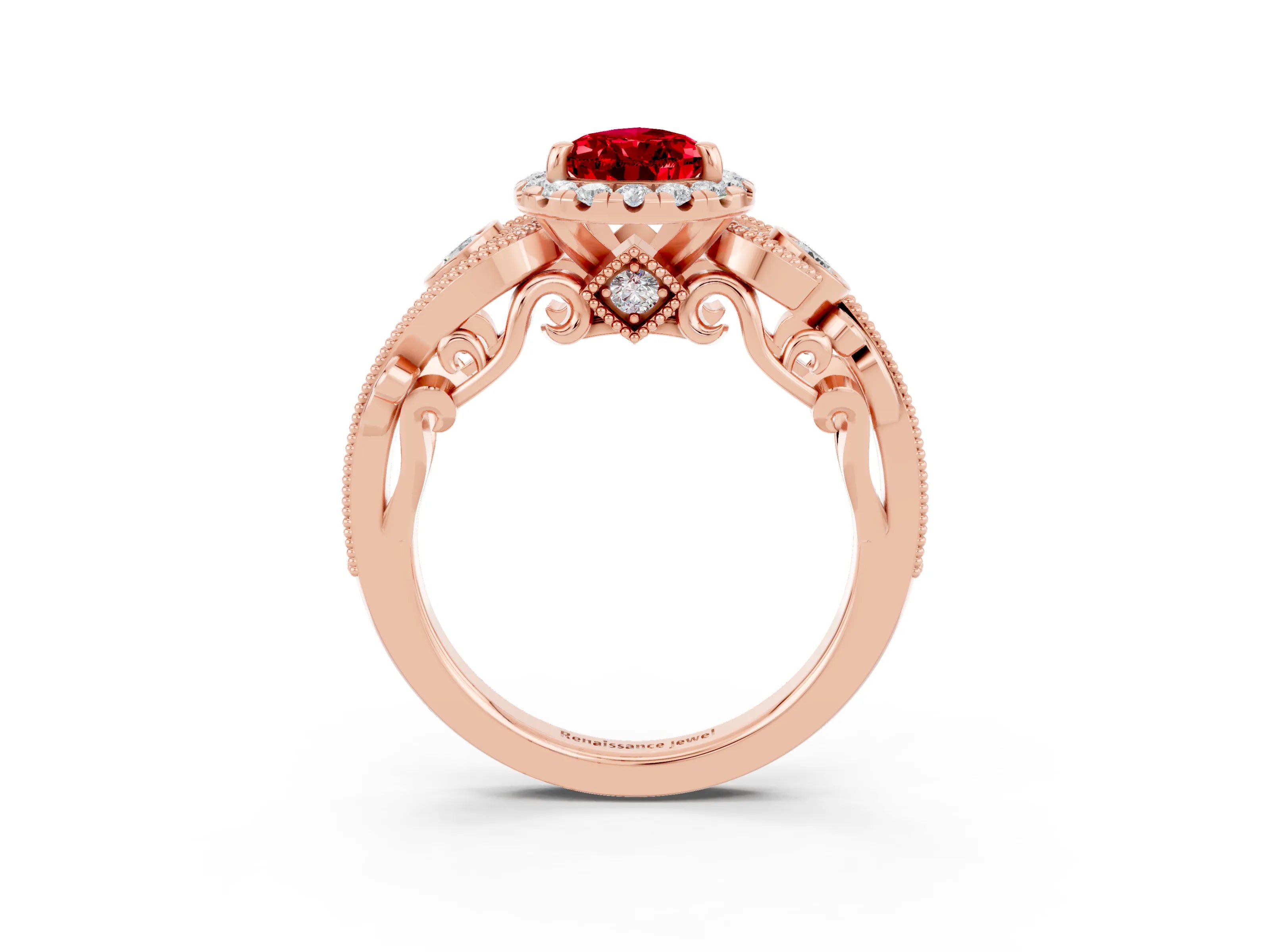 Rose gold Pear Cut Ruby Halo Ring with Milgrain Pavé Band and Four-Prong Setting_15