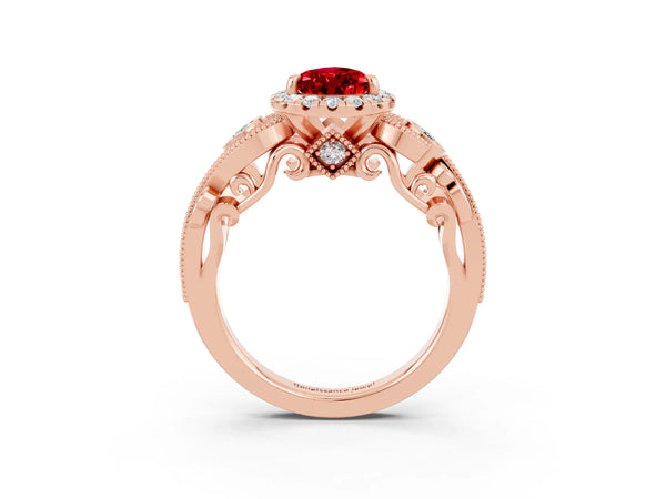 Rose gold Pear Cut Ruby Halo Ring with Milgrain Pavé Band and Four-Prong Setting