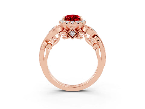 Rose gold Pear Cut Ruby Halo Ring with Milgrain Pavé Band and Four-Prong Setting_15