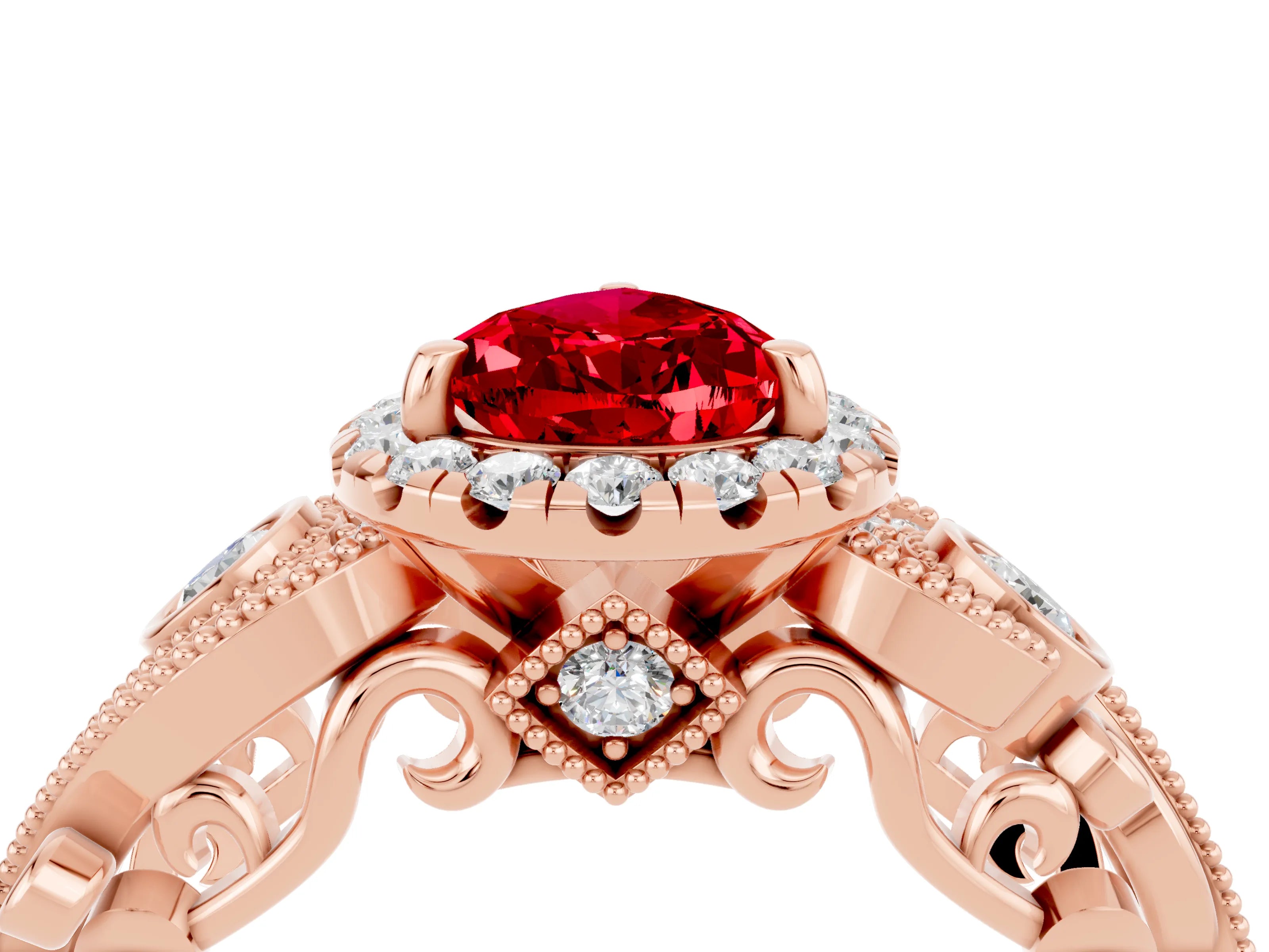 Rose gold Pear Cut Ruby Halo Ring with Milgrain Pavé Band and Four-Prong Setting_16