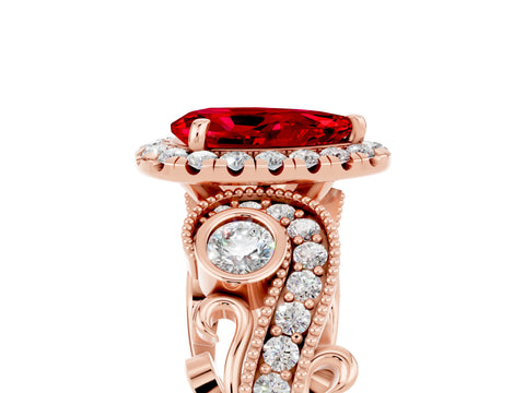 Rose gold Pear Cut Ruby Halo Ring with Milgrain Pavé Band and Four-Prong Setting_17