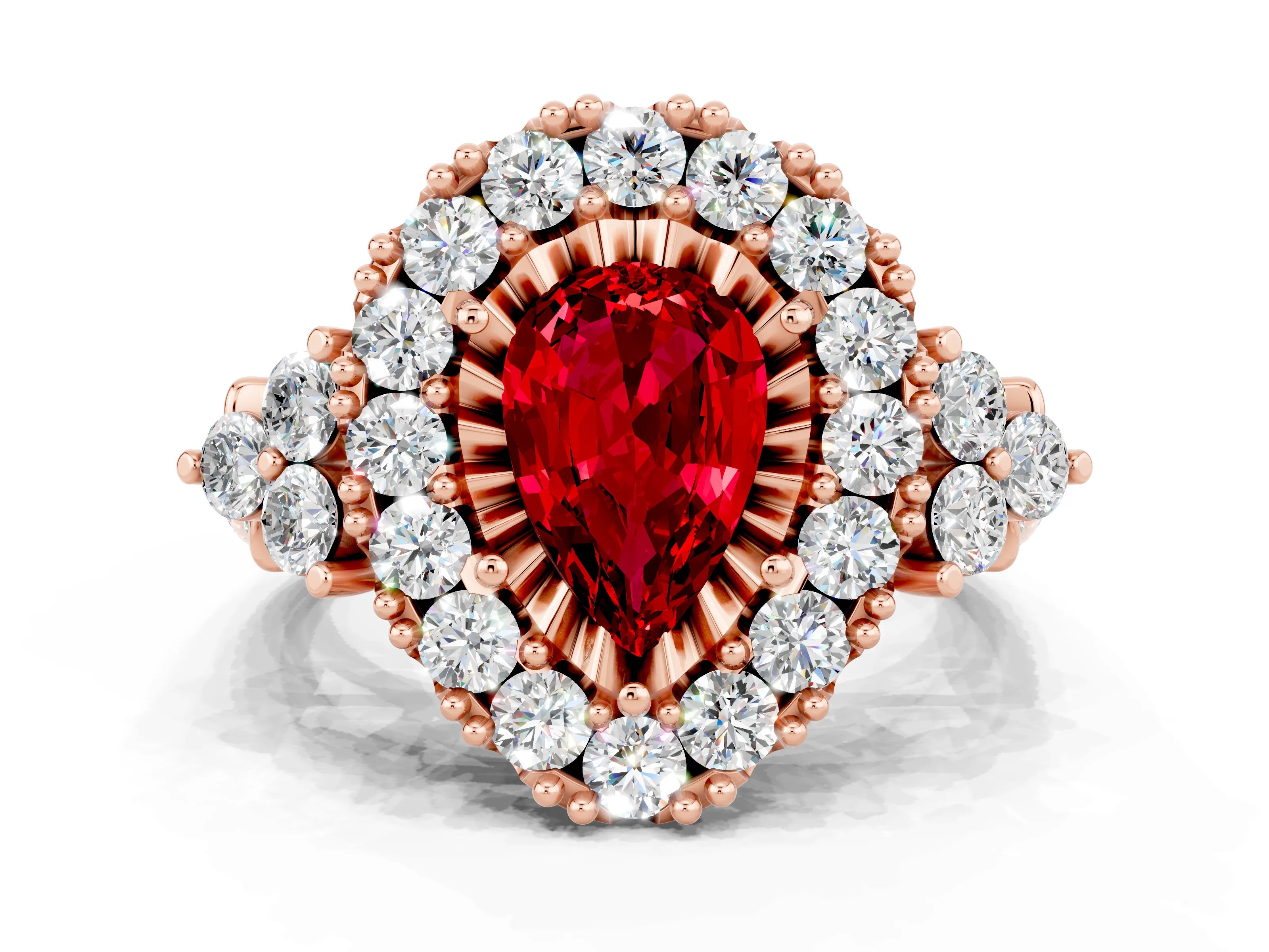 Rose gold Pear Cut Ruby Halo Ring with Pavé Band and Four-Prong Setting_12