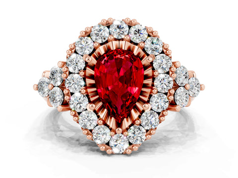 Rose gold Pear Cut Ruby Halo Ring with Pavé Band and Four-Prong Setting_12