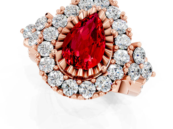 Rose gold Pear Cut Ruby Halo Ring with Pavé Band and Four-Prong Setting