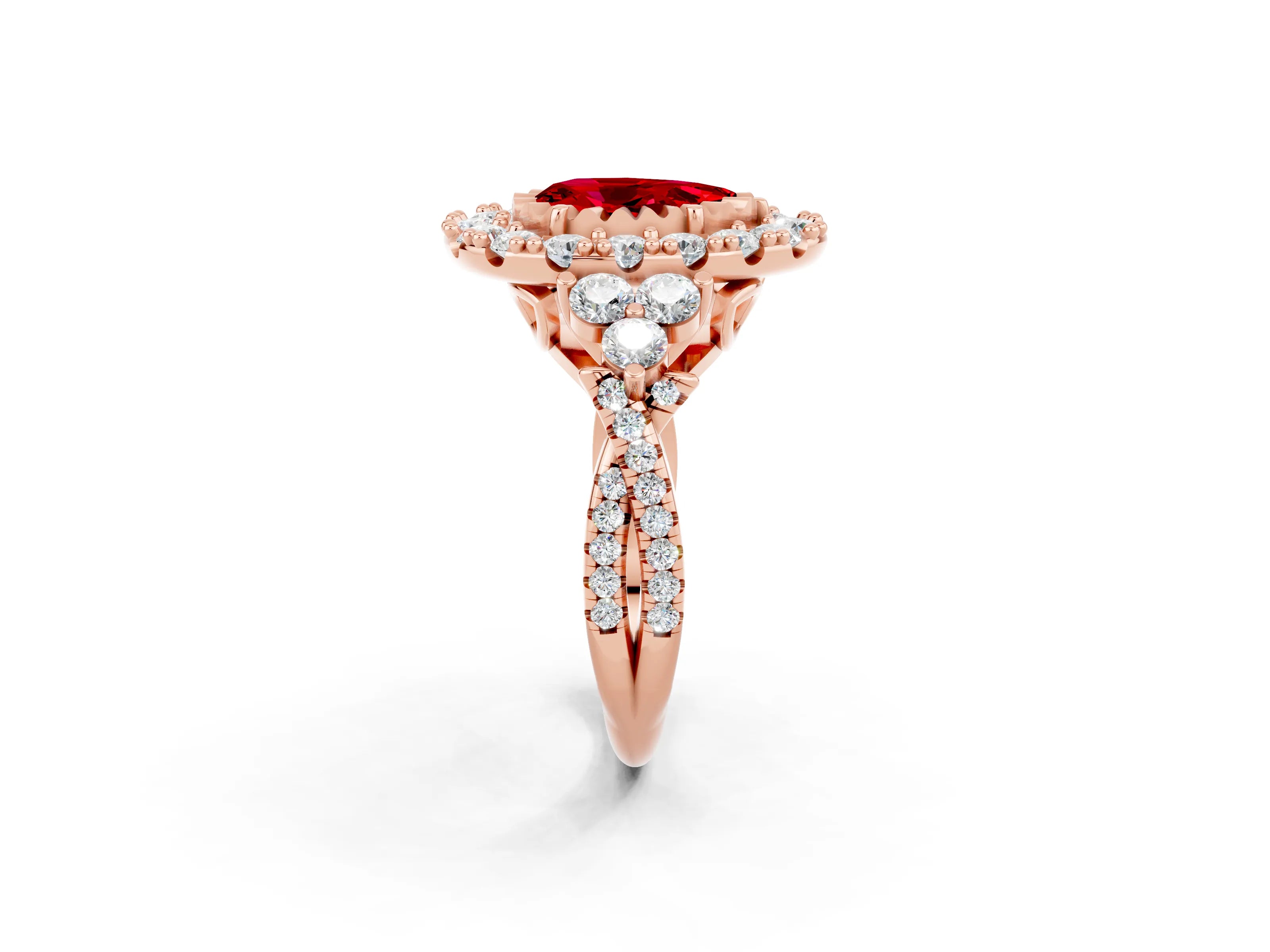 Rose gold Pear Cut Ruby Halo Ring with Pavé Band and Four-Prong Setting_14