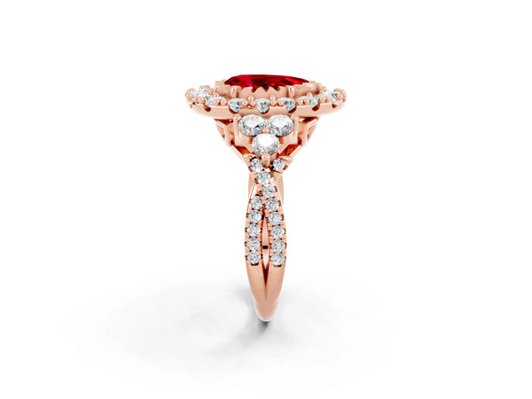 Rose gold Pear Cut Ruby Halo Ring with Pavé Band and Four-Prong Setting