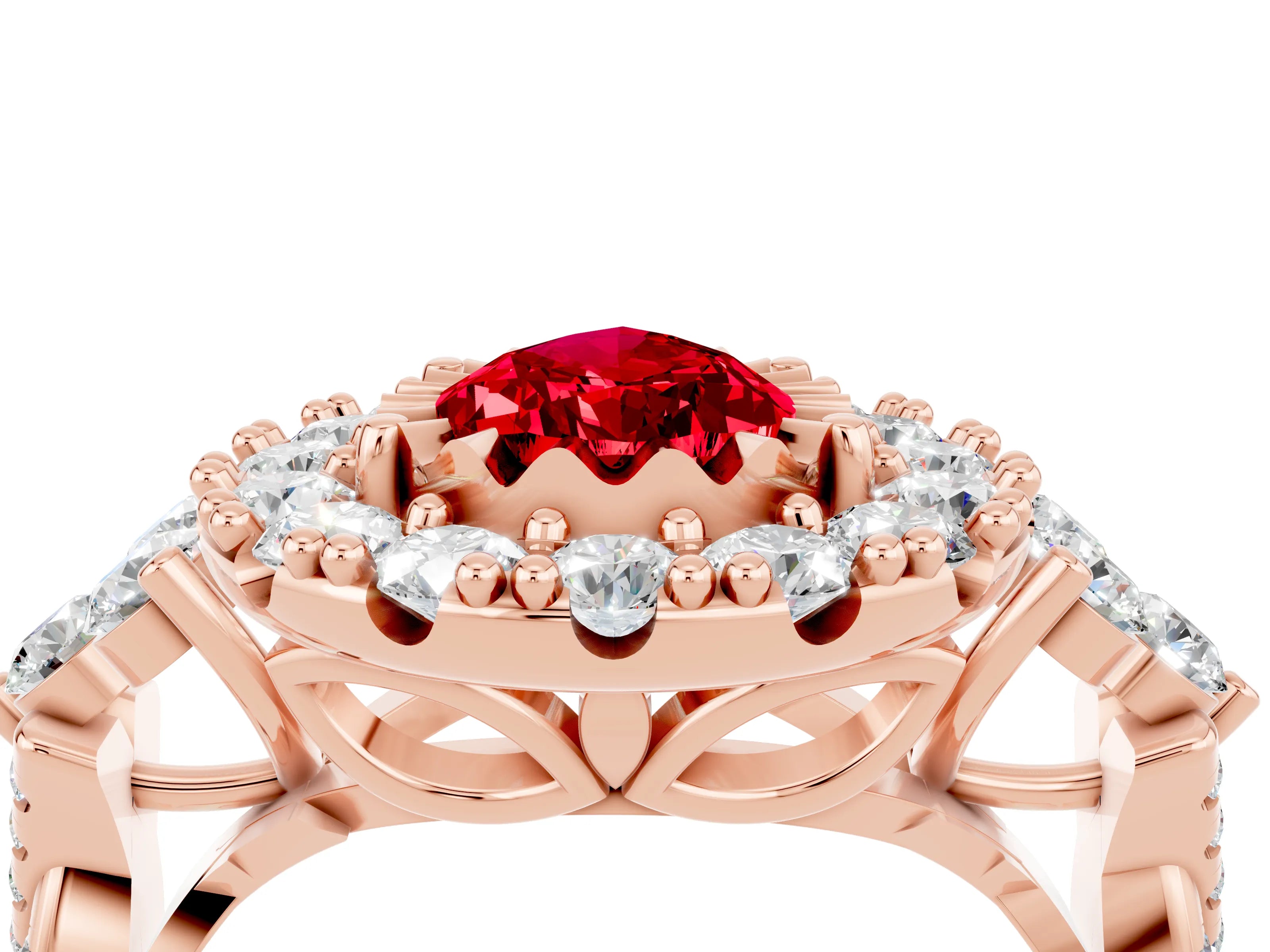 Rose gold Pear Cut Ruby Halo Ring with Pavé Band and Four-Prong Setting_16