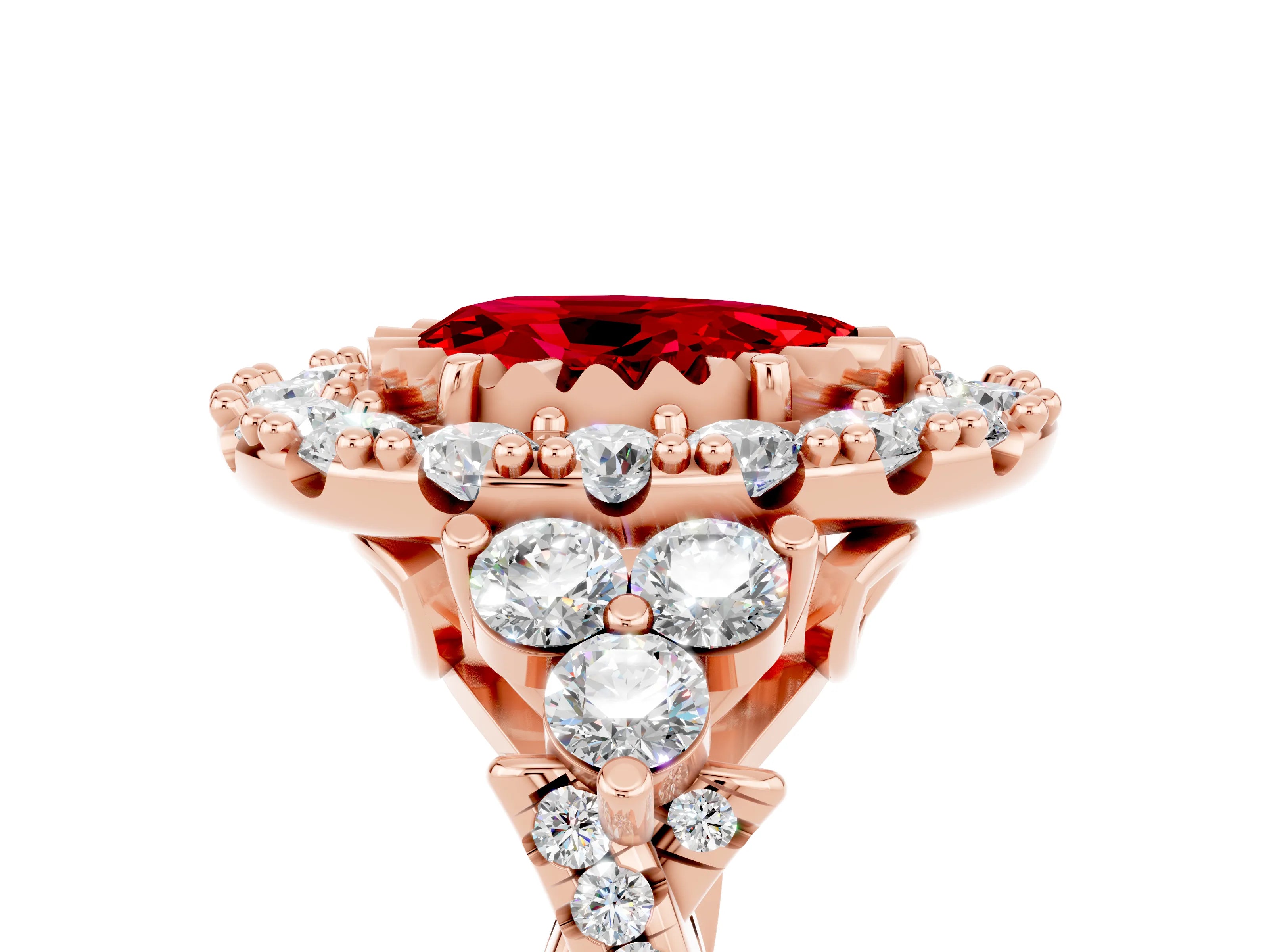 Rose gold Pear Cut Ruby Halo Ring with Pavé Band and Four-Prong Setting_17