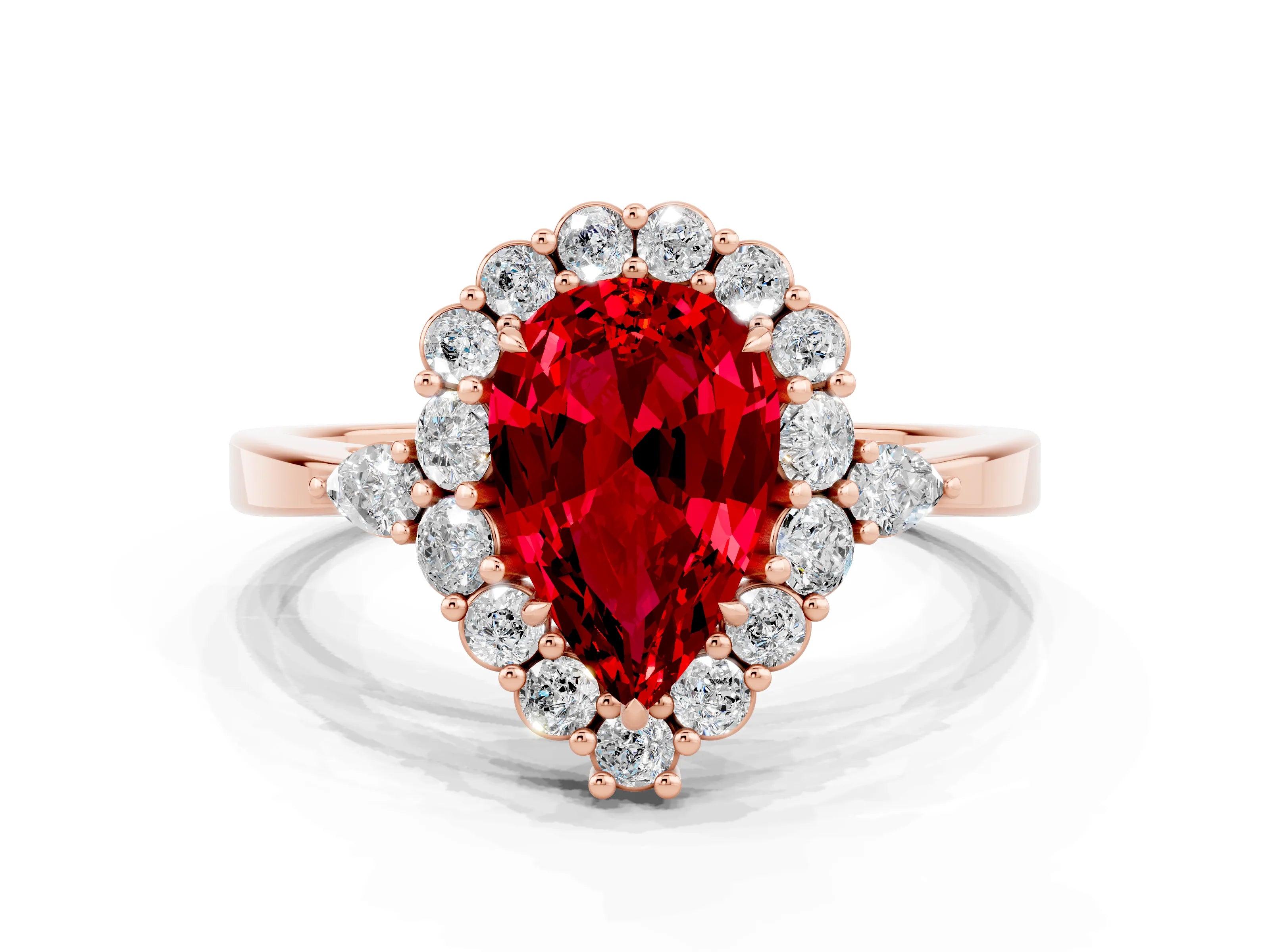 Rose gold Pear Cut Ruby Halo Ring with Pear Side Stones and Prong Setting_12