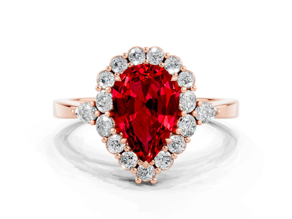 Rose gold Pear Cut Ruby Halo Ring with Pear Side Stones and Prong Setting