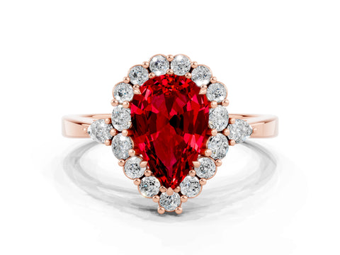 Rose gold Pear Cut Ruby Halo Ring with Pear Side Stones and Prong Setting_12