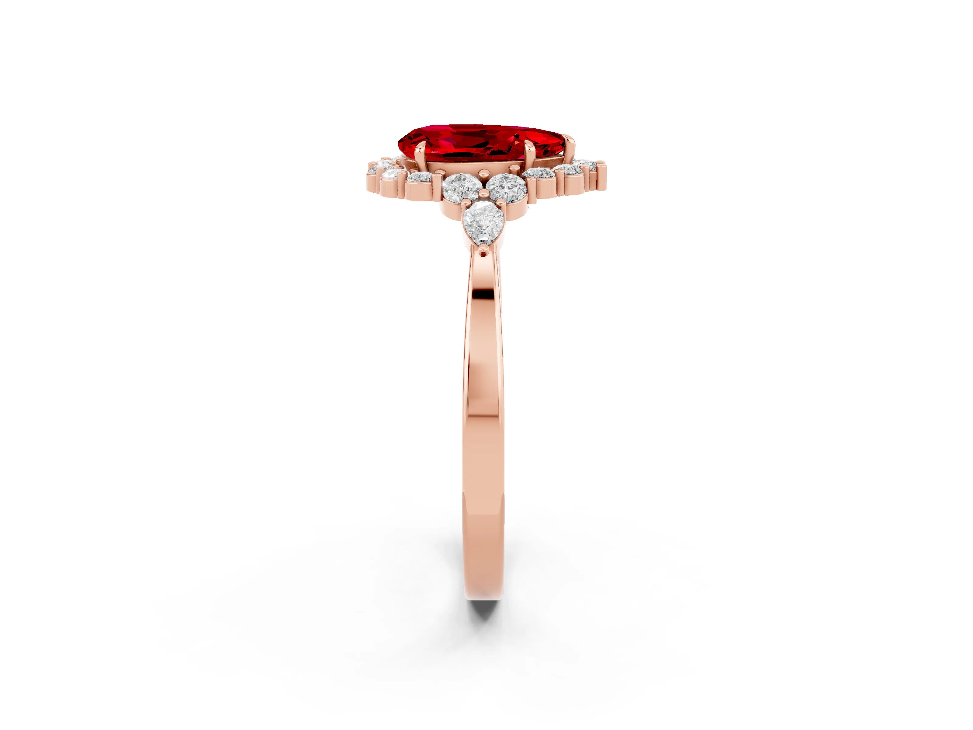 Rose gold Pear Cut Ruby Halo Ring with Pear Side Stones and Prong Setting_14