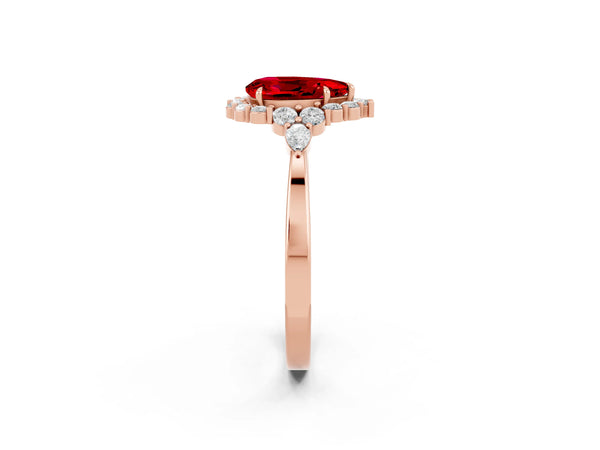 Rose gold Pear Cut Ruby Halo Ring with Pear Side Stones and Prong Setting