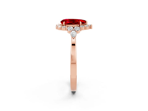 Rose gold Pear Cut Ruby Halo Ring with Pear Side Stones and Prong Setting_14
