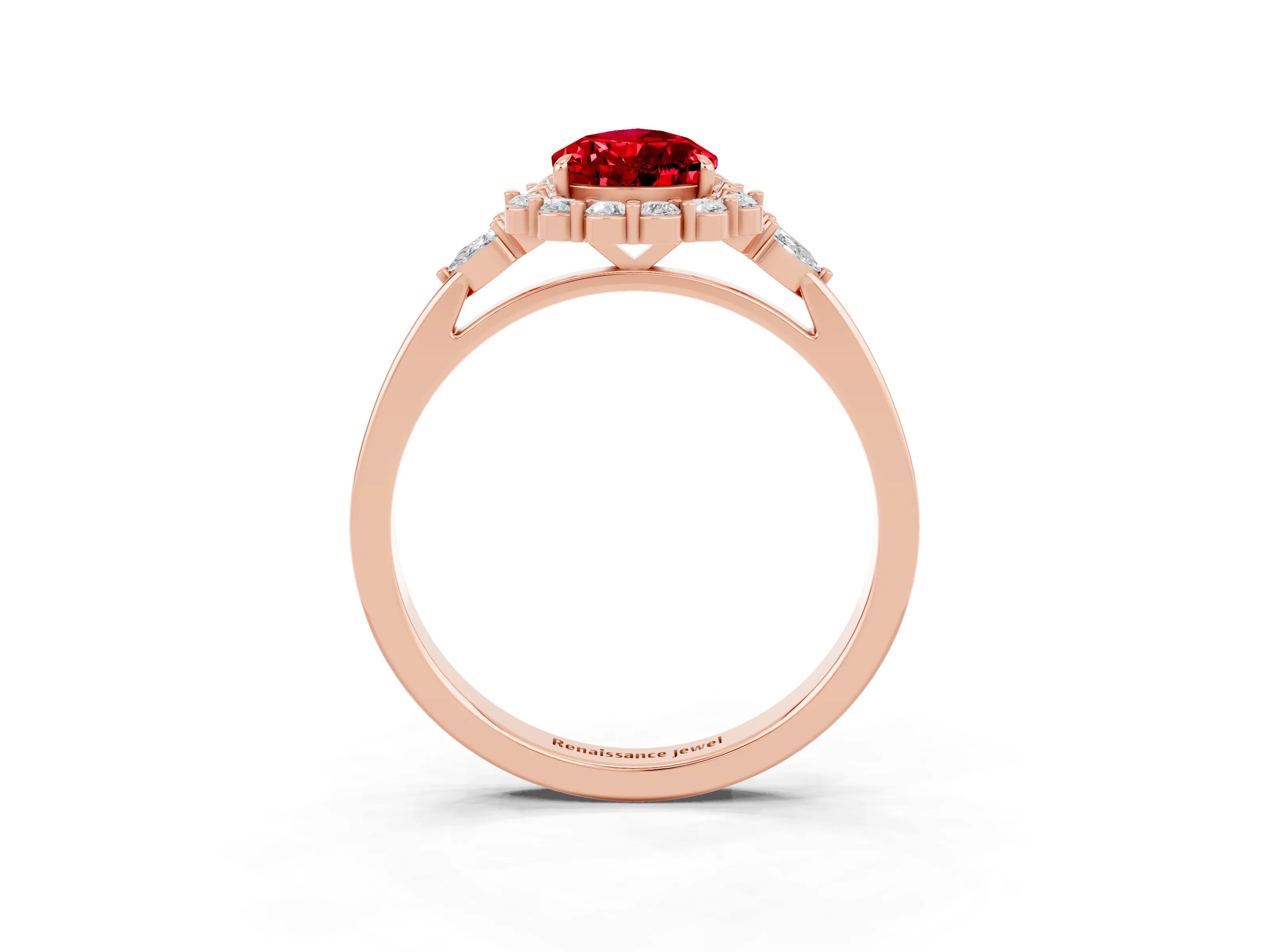 Rose gold Pear Cut Ruby Halo Ring with Pear Side Stones and Prong Setting_15