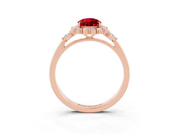 Rose gold Pear Cut Ruby Halo Ring with Pear Side Stones and Prong Setting
