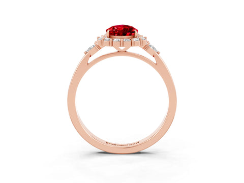 Rose gold Pear Cut Ruby Halo Ring with Pear Side Stones and Prong Setting_15