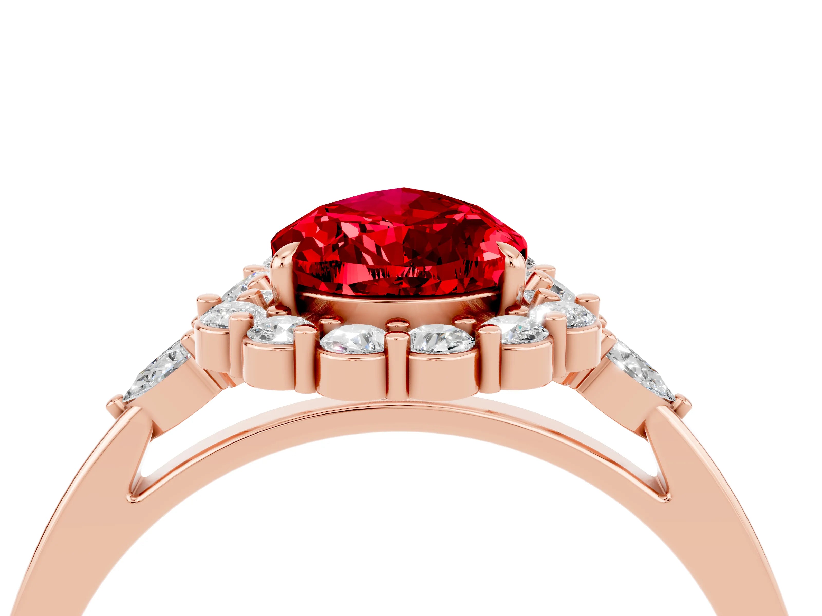Rose gold Pear Cut Ruby Halo Ring with Pear Side Stones and Prong Setting_16