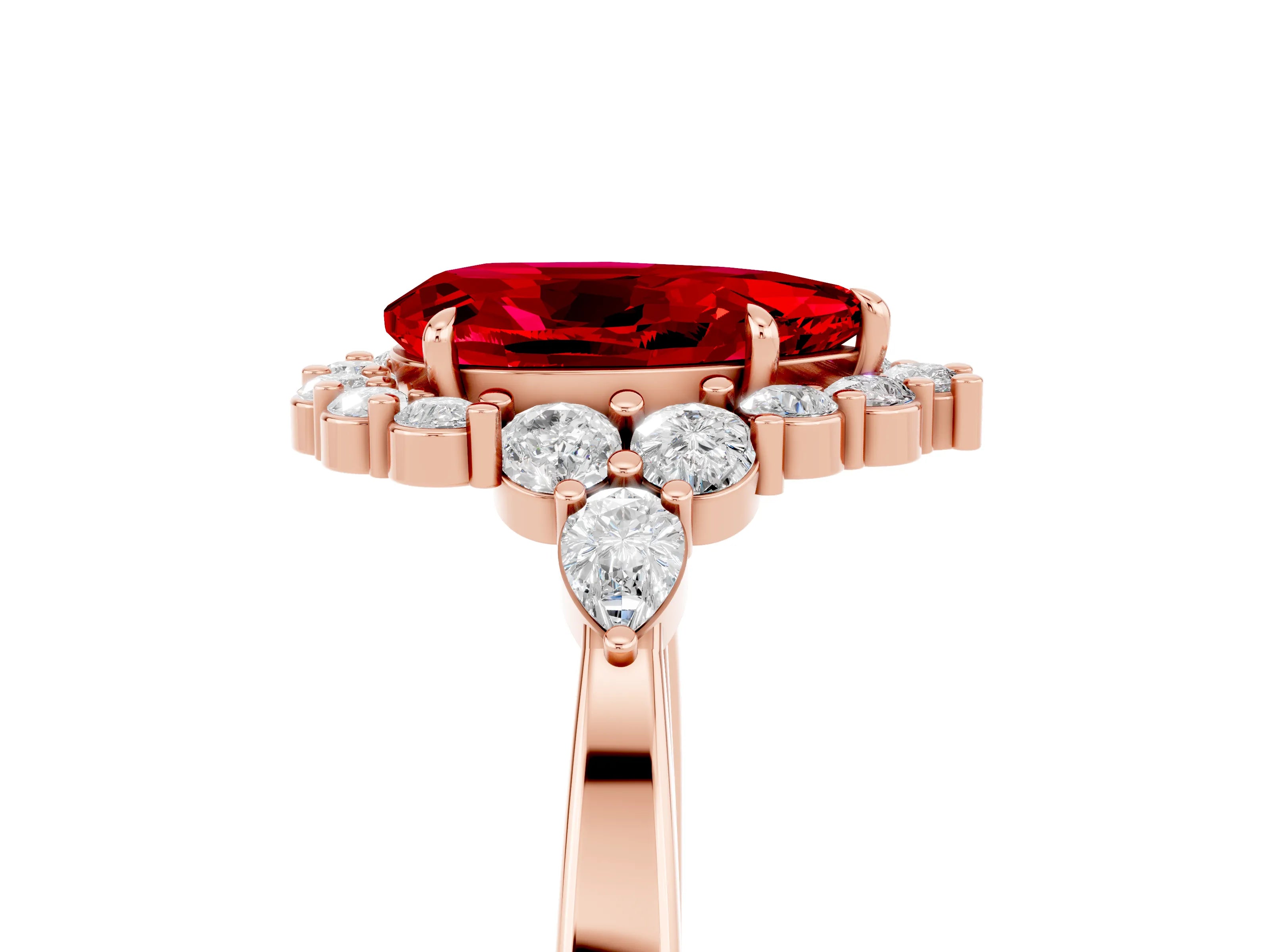 Rose gold Pear Cut Ruby Halo Ring with Pear Side Stones and Prong Setting_17