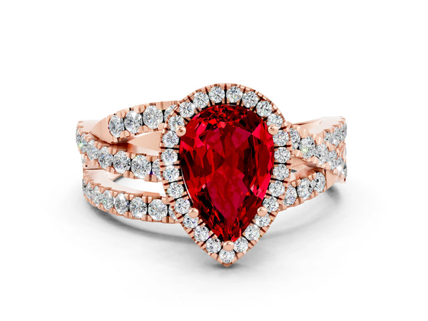 Rose gold Pear Cut Ruby Halo Ring with Round Split Shank and Prong Setting