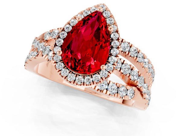 Rose gold Pear Cut Ruby Halo Ring with Round Split Shank and Prong Setting