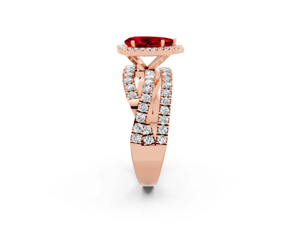 Rose gold Pear Cut Ruby Halo Ring with Round Split Shank and Prong Setting