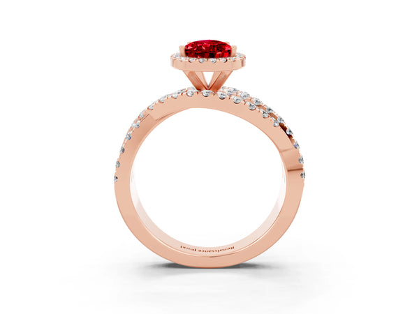 Rose gold Pear Cut Ruby Halo Ring with Round Split Shank and Prong Setting