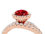 Rose gold Pear Cut Ruby Halo Ring with Round Split Shank and Prong Setting_52
