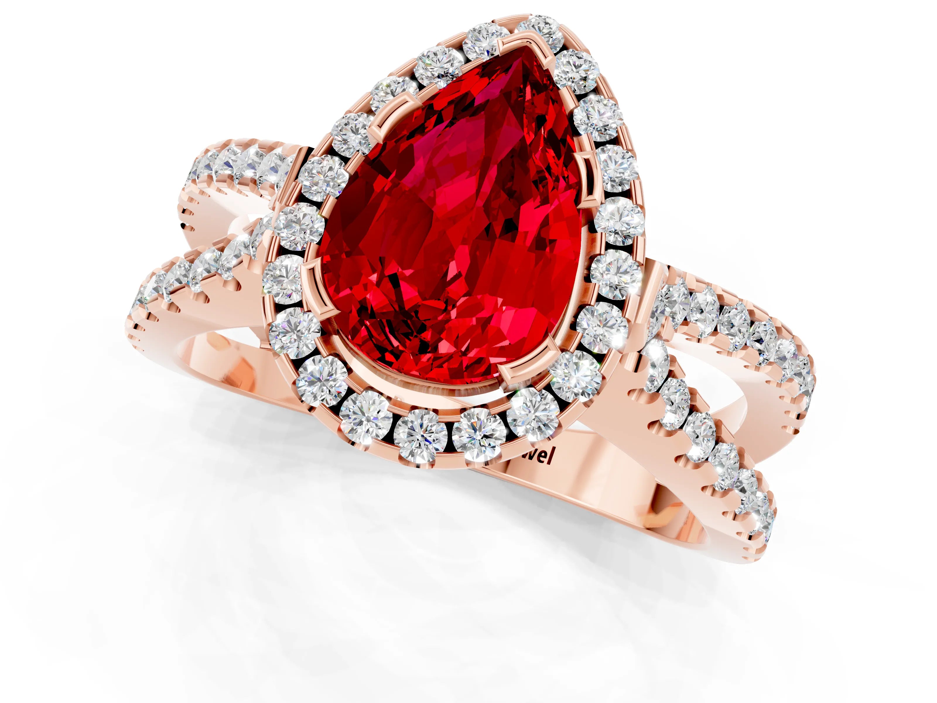 Rose gold Pear Cut Ruby Halo Ring with Split Shank Pavé Band and Prong Setting_1