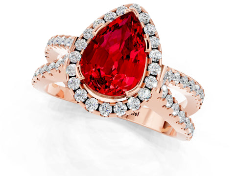 Rose gold Pear Cut Ruby Halo Ring with Split Shank Pavé Band and Prong Setting_1
