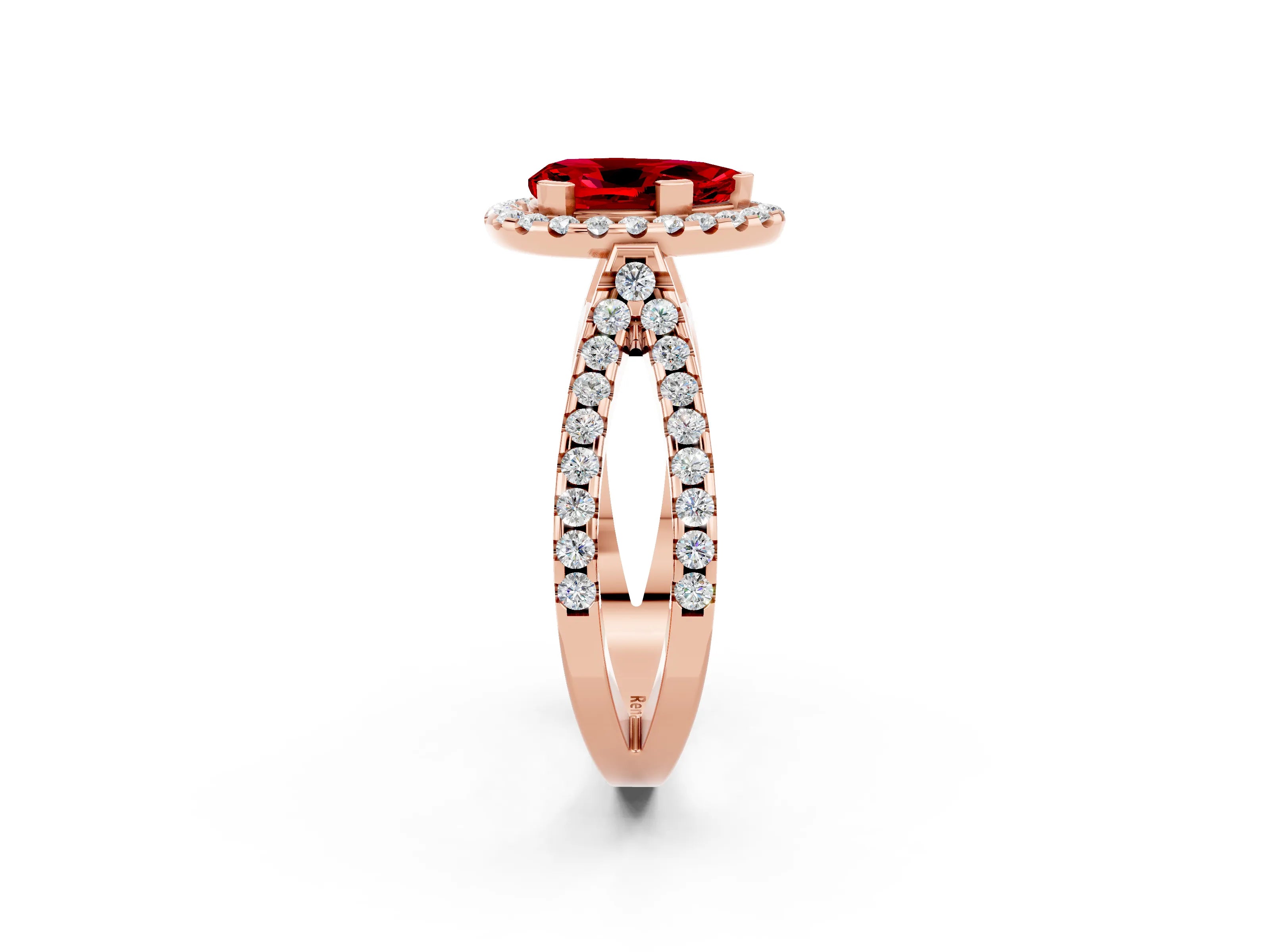 Rose gold Pear Cut Ruby Halo Ring with Split Shank Pavé Band and Prong Setting_2