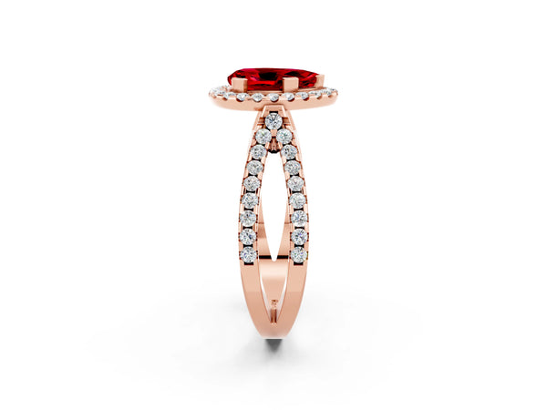 Rose gold Pear Cut Ruby Halo Ring with Split Shank Pavé Band and Prong Setting